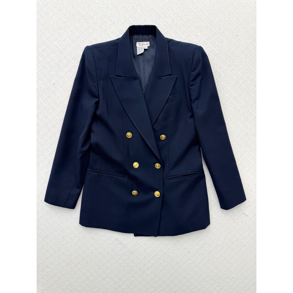 Talbots Vintage 90s Navy Worsted Wool Double Breasted Blazer Gold Crest Button 4